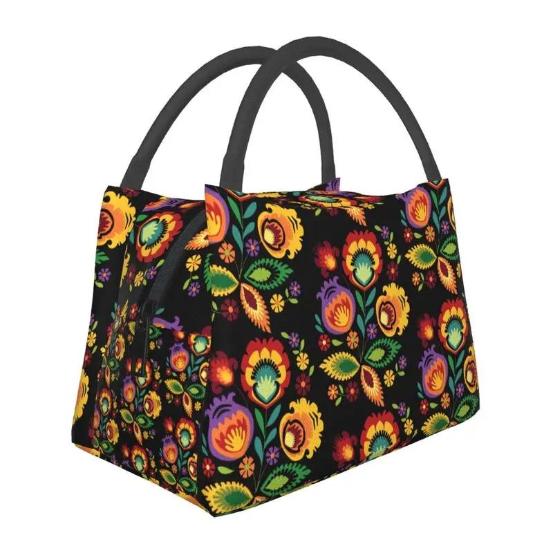 Polish Folk Flowers And Roosters Lunch Box for Women Waterproof Poland Floral Art Cooler Thermal Food Insulated Lunch Bag