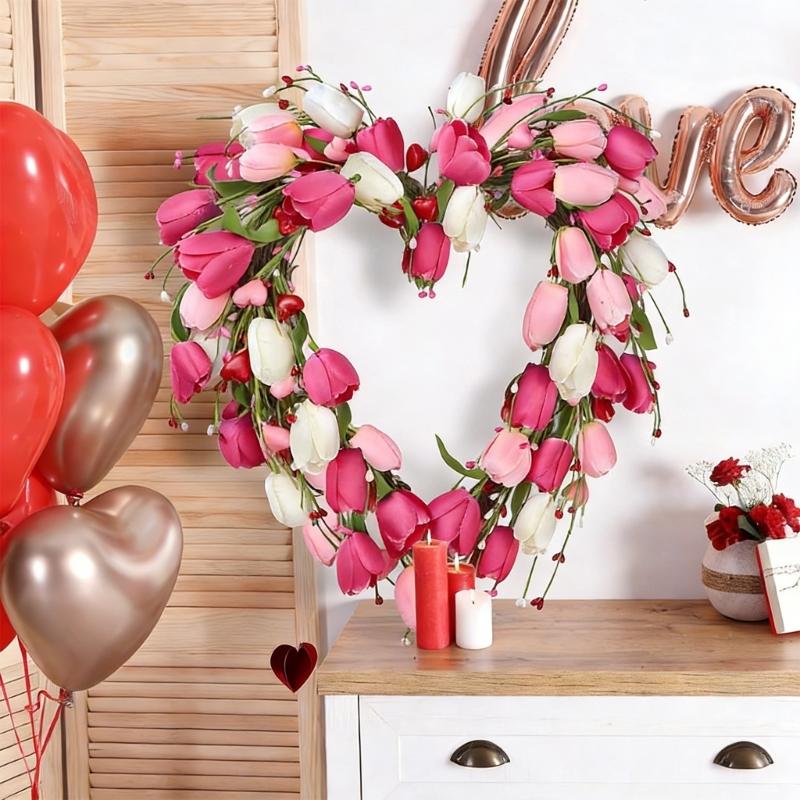 Flexible Size Artificial Tulips Flower Wreath Ornament for Home Entrance Shop Display Durable Plastic Rattan Construction Waterproof Treatments
