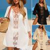 Cover Up Dress V-neck Long Sleeve Hollow Splicing Design Beach Cover Up Dress Pure