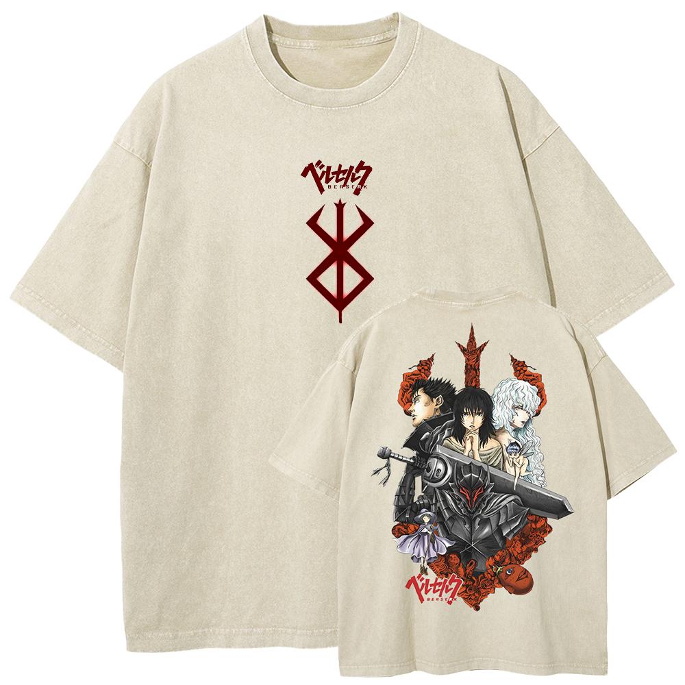 Berserk Guts T Shirt Manga Griffith Printed  T-shirt Men Unisex Clothes Street Vintage Washed Tshirt Short Sleeve Cotton Tees