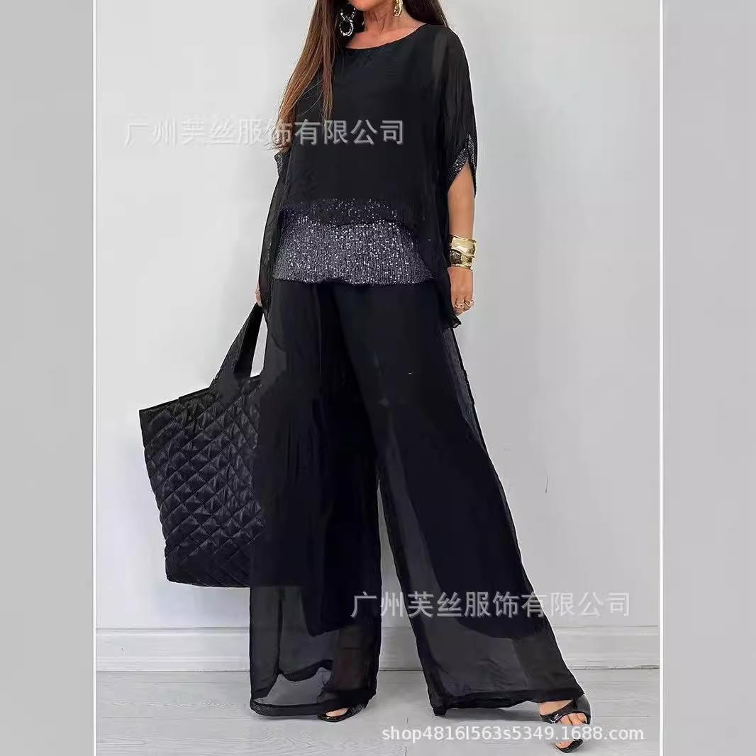

women s 3‑Piece Sheer Chiffon Sequined Trim Oversized Top Wide Leg Pants Casual Co‑Ord Set S чёрный