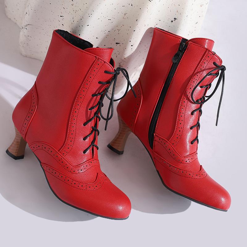 

Осень и зима новые ретро толстый каблук средний каблук ботинки Мартин круглый носок шнуровка Брок женские короткие ботинки британский стиль ботильоны 39 красный