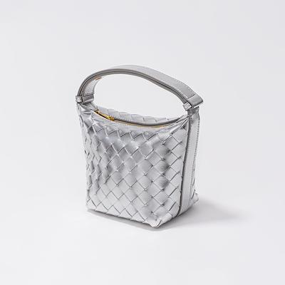 New Woven Lunch Box Bag with Instagram Style Niche Design, Silver Bucket Bag, Cross-border High-capacity Leather Handbag for Women