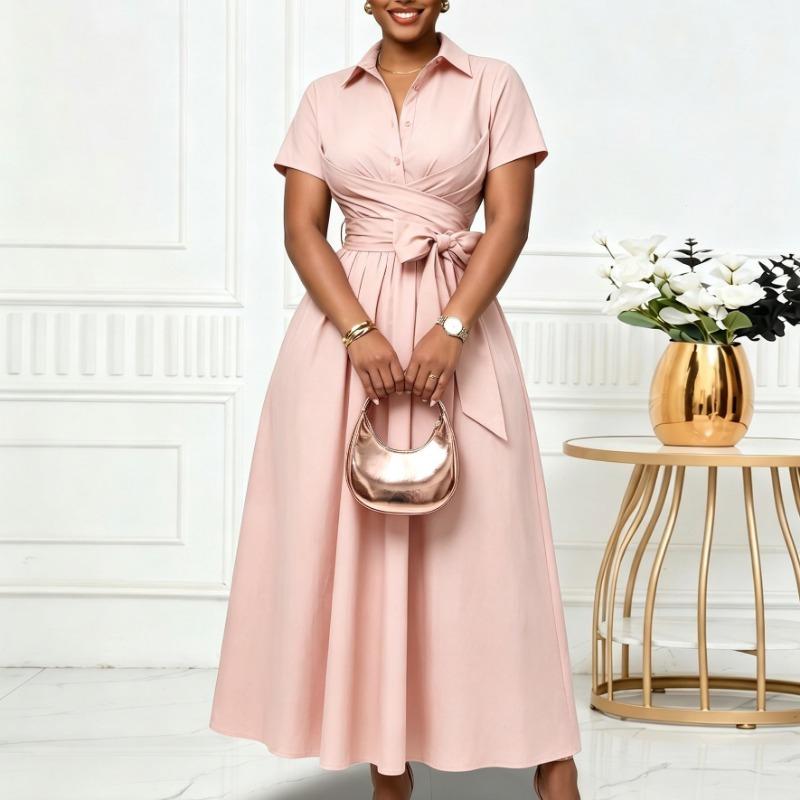 Damen einfarbiges Midi-Kleid mit Umlegekragen, kurzen Ärmeln und hoher Taille