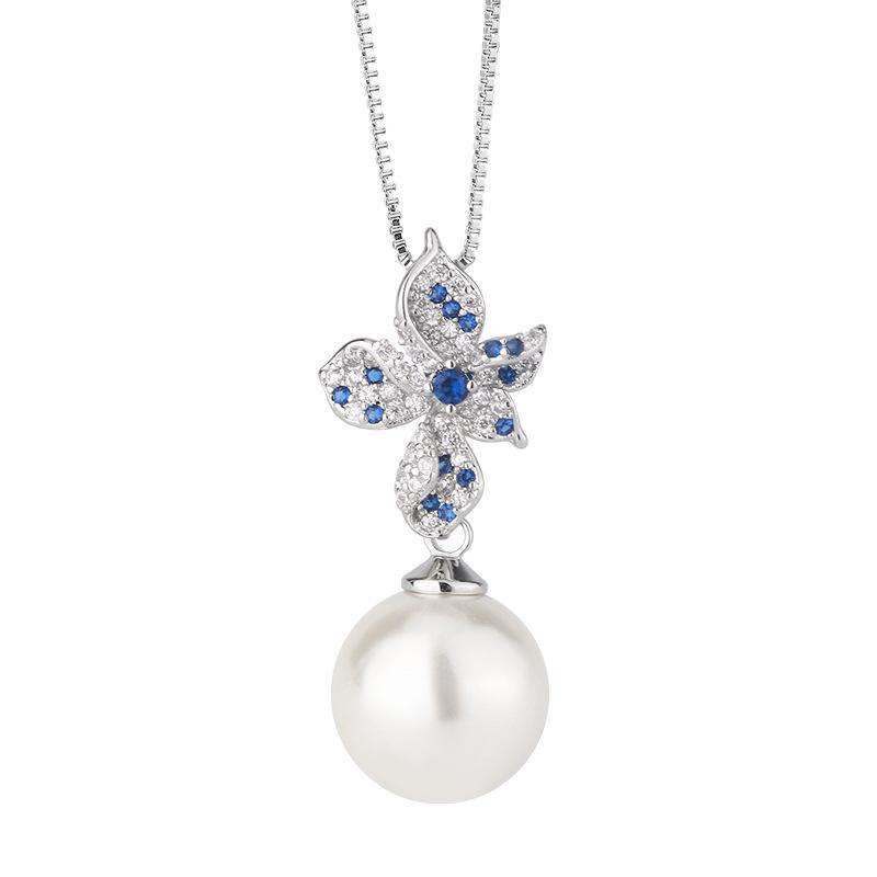 Pearl Necklace Niche Light Luxury Silver Needle Earrings Pearl Temperament Summer Versatile Set Pendant Earrings Royal Blue Women