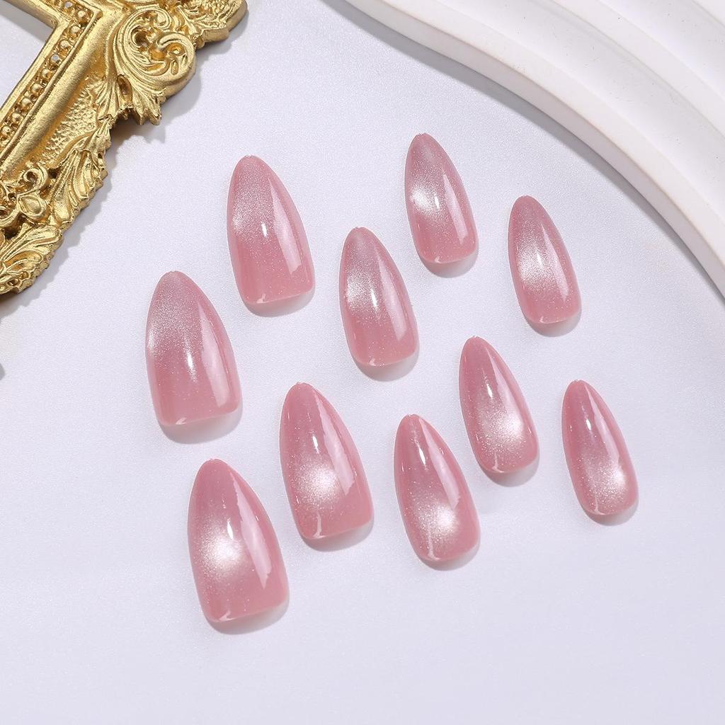 Cat Eye Nude Pink Wearable Nail Patches: Medium Long Oval Pre-made False Nails