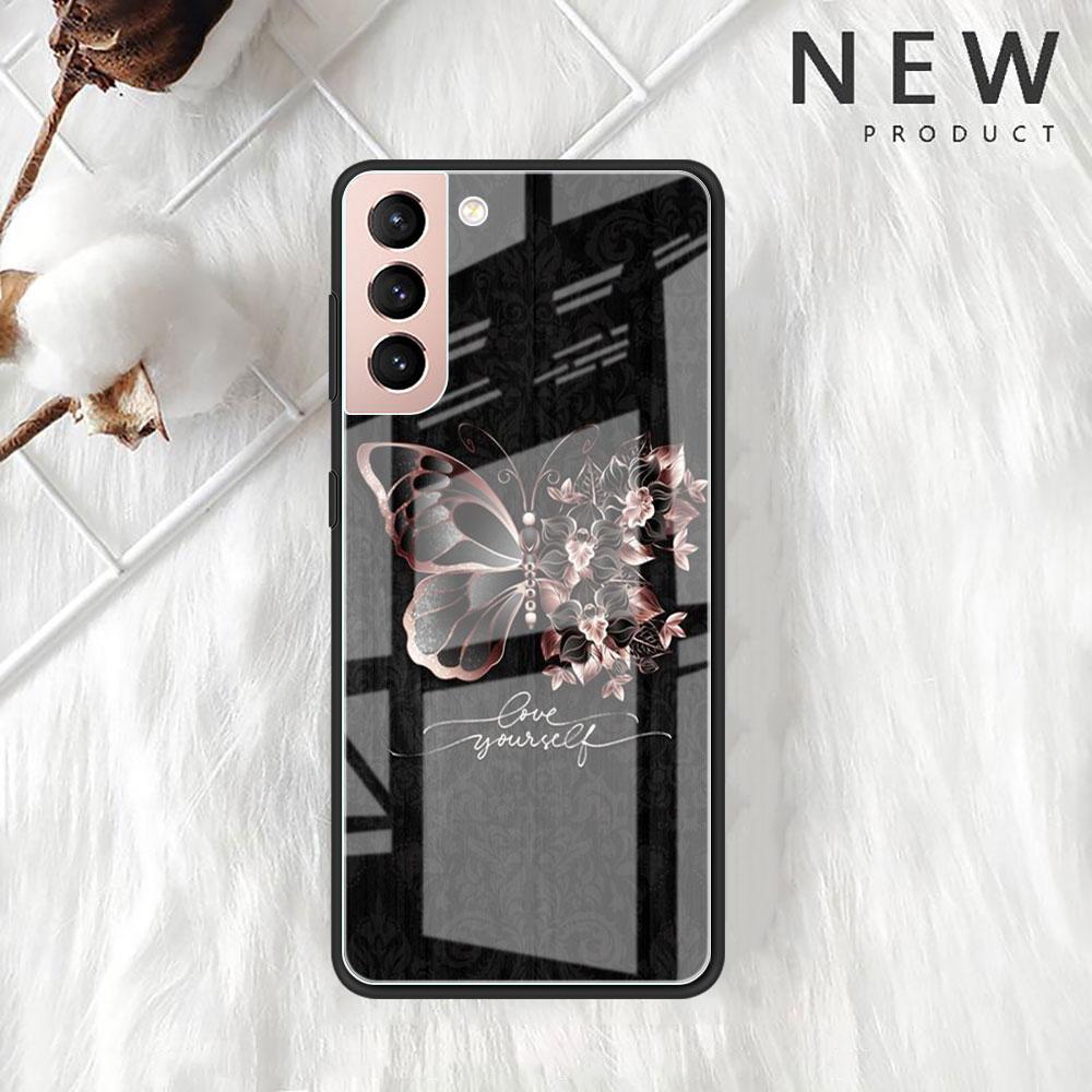 Funda de Cristal Mariposa Rosa Belleza Para Samsung Galaxy S22 S20 FE S21 Plus Cubierta de Teléfono S10 5G S9 Note 20 Ultra 10 Lite Carcasa