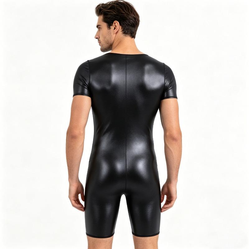 Men High Elasticity Plus Size Short Sleeve Shaping Seamless Glossy Tight Sexy Bodysuit