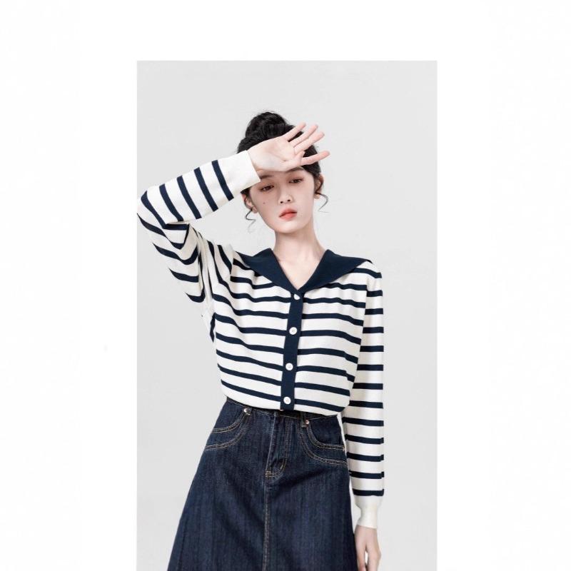 Navy Collar Long-sleeved Knitted Cardigan Women's Spring and Autumn New Design Sense Niche Contrasting Color Thin Sweater Short Top