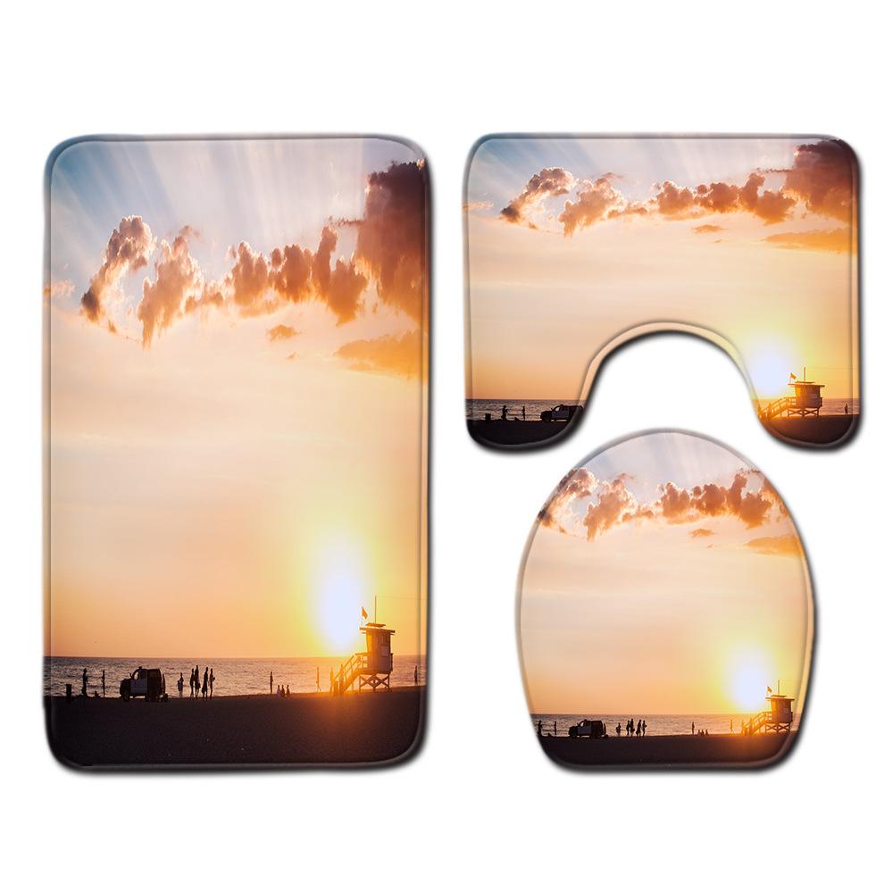 Beach View Bathroom Floor Mat Three-Piece Toilet Carpet Toilet Mat Set Door Mat Bathroom Non-Slip Mat