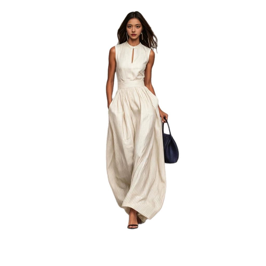 European and American style 2026 new dark blue striped sleeveless waist wide-leg jumpsuit women's long temperament fashionable cross-border women
