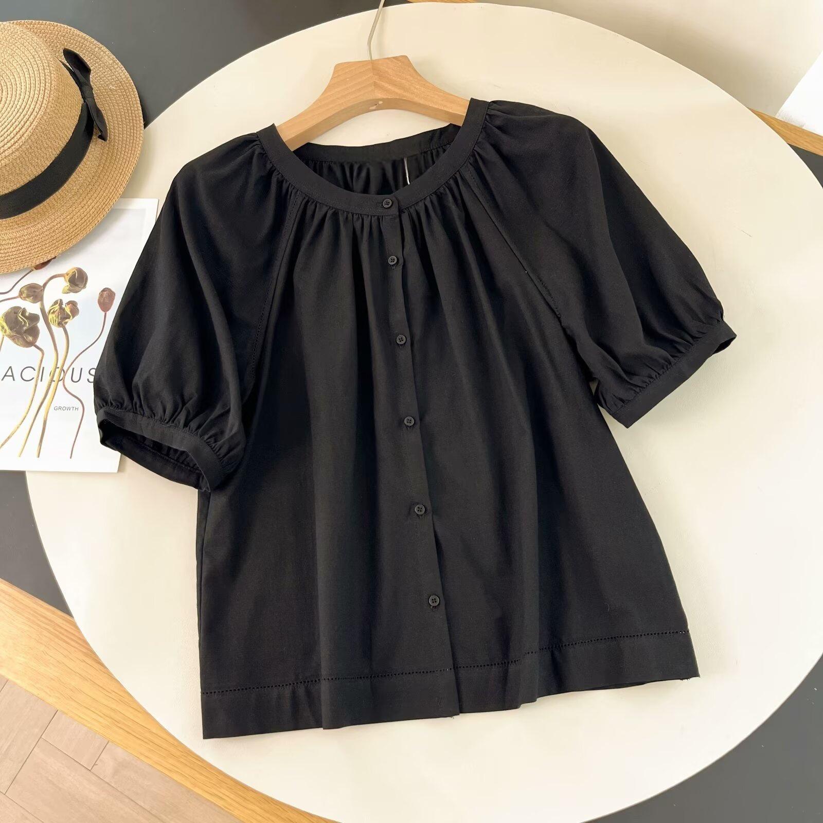 

Летний топ 2025 года из хлопковой смеси с пышными рукавами, плиссировкой, свободного кроя и круглым вырезом Large