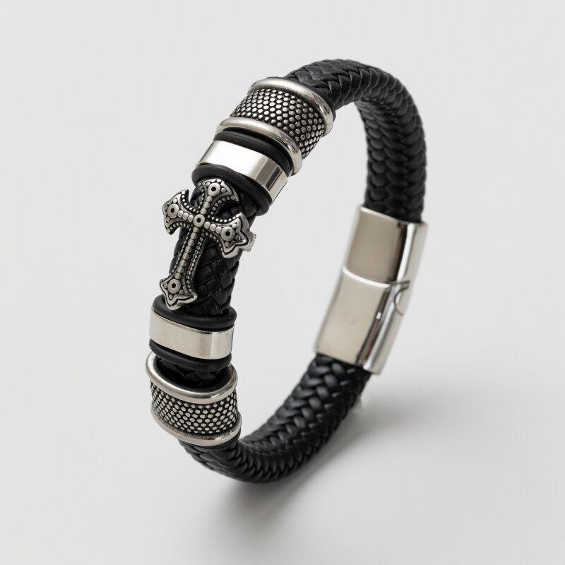 Double Layer Punk Brown Braided Leather Bracelet for Men with Metal Magnetic Clasp Stylish Business Bracelet Jewelry Gift