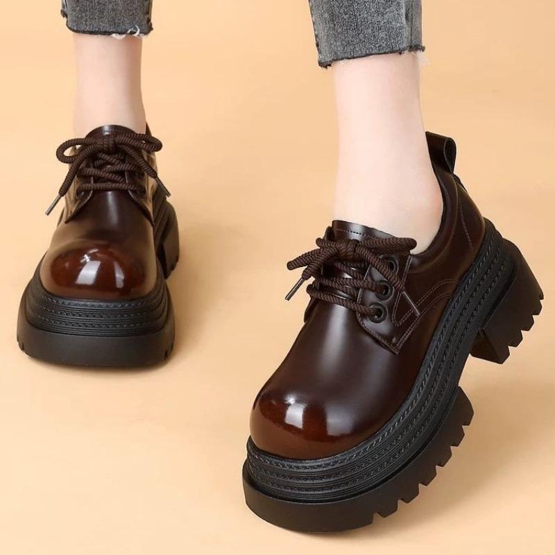 Women's Thick Sole Heeled Laced  Korean Style Loafers 2025 Spring Autumn New Design British Fashion Lace Up Shoes