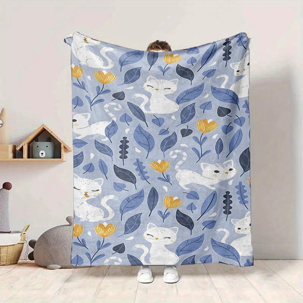 1pc Cats Flowers Lightweight Flannel Blanket, Comfortable and Warm Blanket, for Office and Camping Sofa Bed, Livingroom147