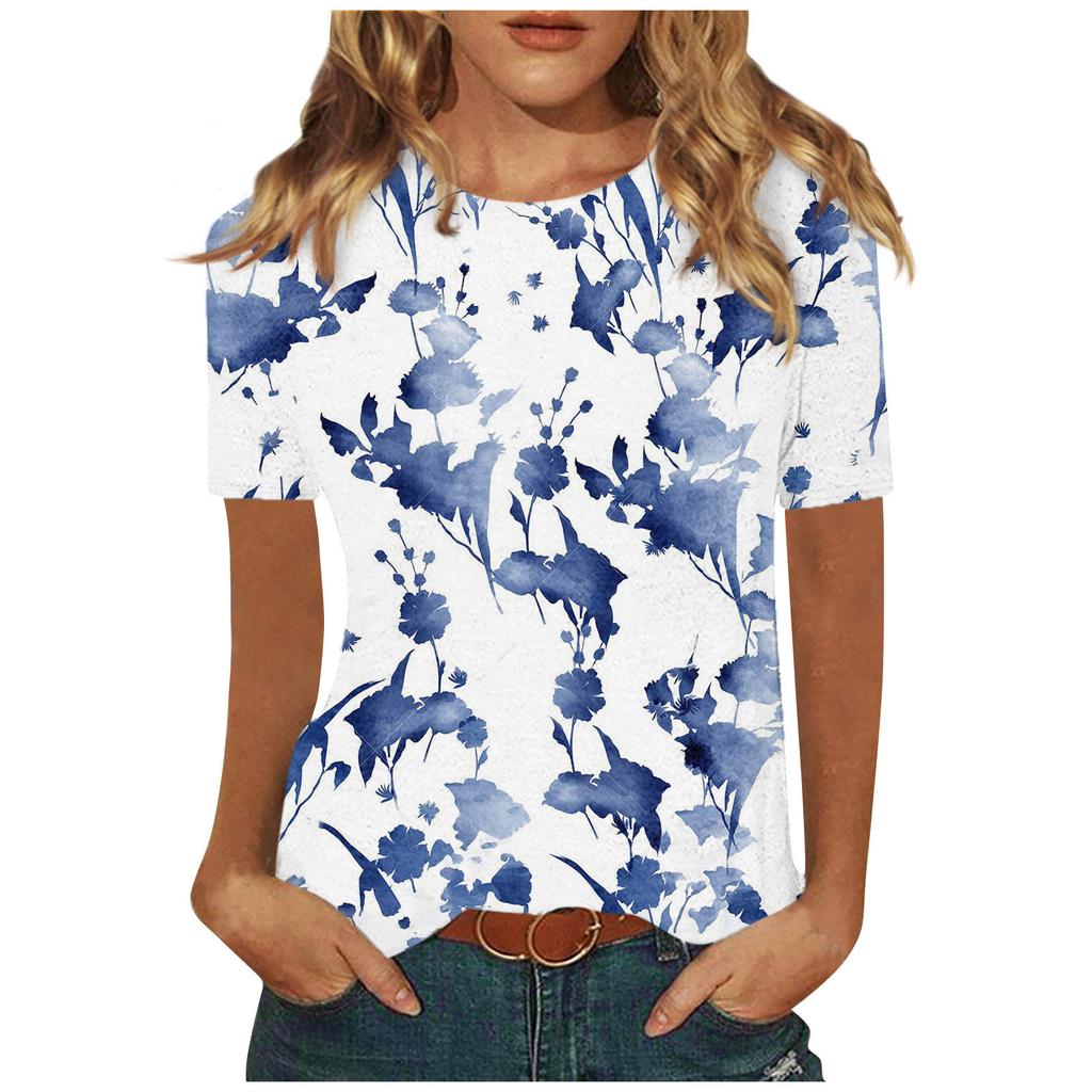 Damen-T-Shirt, Sommermode, lässig, bedruckt, kurzärmelig, mit Knöpfen, Rundhalsausschnitt, elegant, locker, quadratischer Ausschnitt, Oberteil mit Seitenschlitz