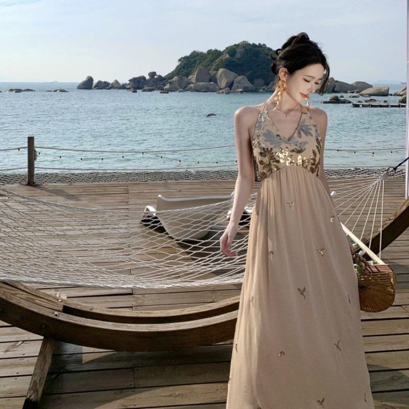 Bead Embroidery Pinch Pleated Neck Strap Holiday Dress Seaside Photo Backless Splicing Sequined Suspender Long Dress Women