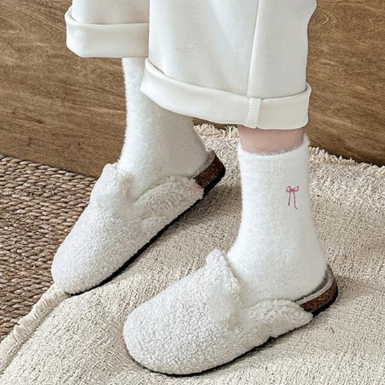 Women Fuzzy Socks Cute Embroidered Bow Knot Thick Socks Fluffy Warm Cozy Socks for Girls Winter Home Indoor Lounging Sleeping