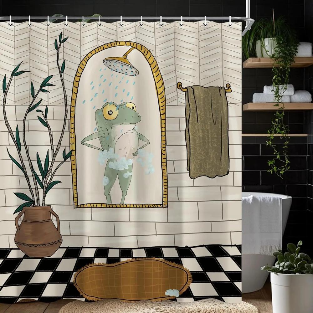 Lustiger Retro-Frosch-Druck Duschvorhang Niedliches Vintage-Tierpflanze Für Badezimmerdekoration