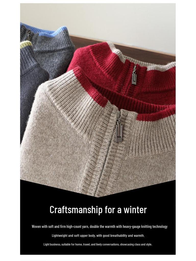 Men's Autumn/Winter Wool Knit Zipper Pullover - Seven-Needle Thickened Half-High Collar Sweater