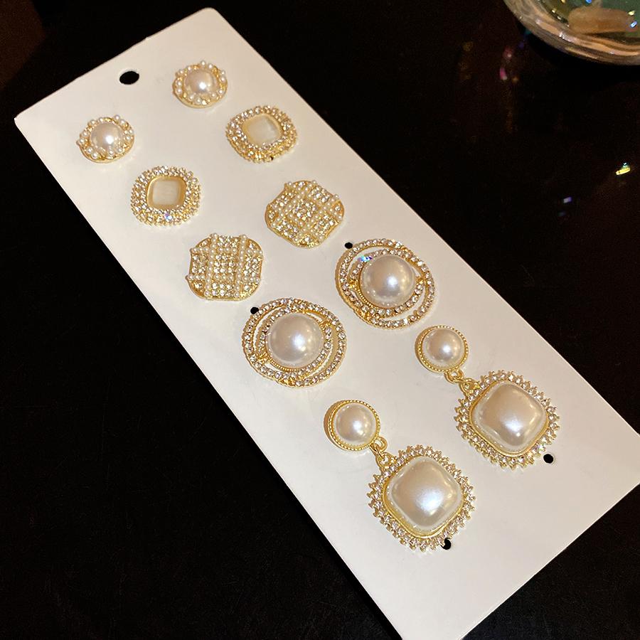 6/10/12 Pcs Simulated Pearl Round Square Stud Earrings Small French Elegant Daity Ear Studs for Women Daily Jewelry Sets F
