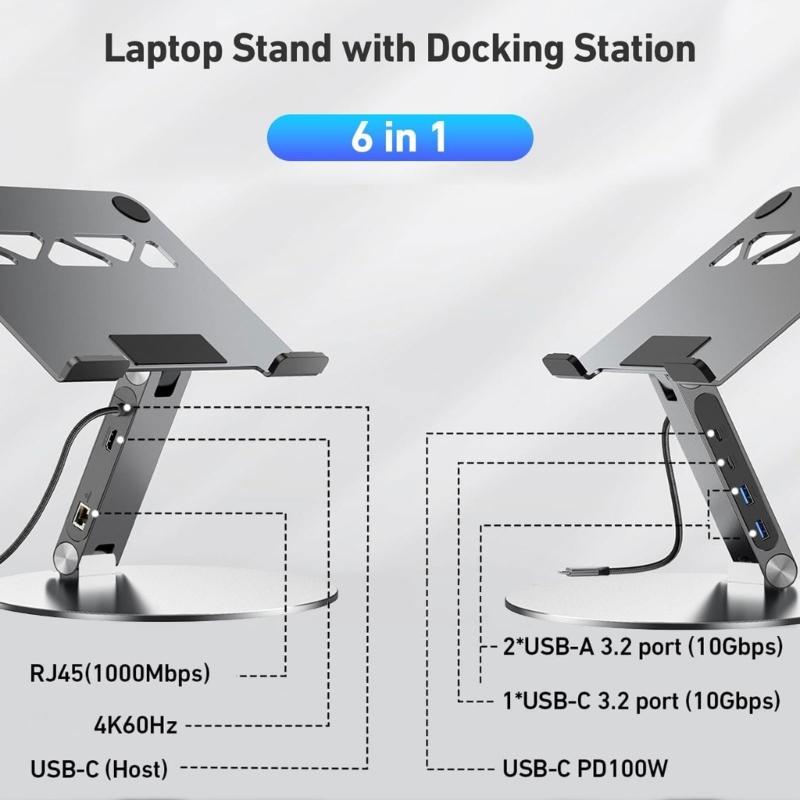 Regulowany aluminiowy stojak na laptopa z dołączonym połączeniem USB typu C oferujący szybkie ładowanie 100 W i szybki transfer danych USB