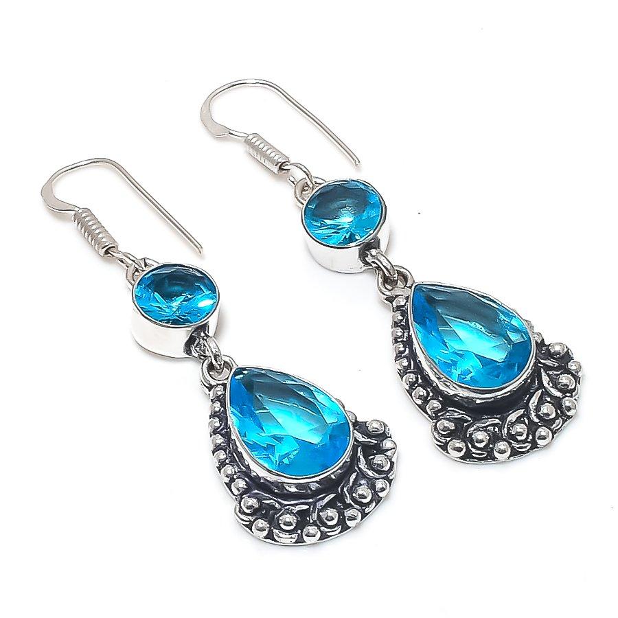 Natural Swiss Blue Topaz Gemstone 925 Sterling Silver Earring 2.05" G7w66