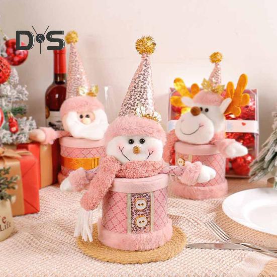 Christmas Candy Jar Christmas Plush Santa/Snowman/Elk Candy Holder Pink Candy Storage Box Fruit Packaging Jar for Home Decor