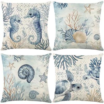 New Summer Marine Life Pillow Case Seahorse Shell Linen Printed Home Sofa Pillow