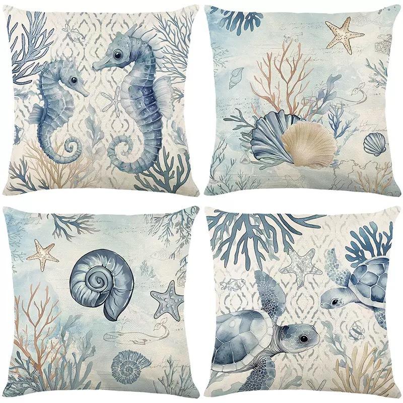 New Summer Marine Life Pillow Case Seahorse Shell Linen Printed Home Sofa Pillow