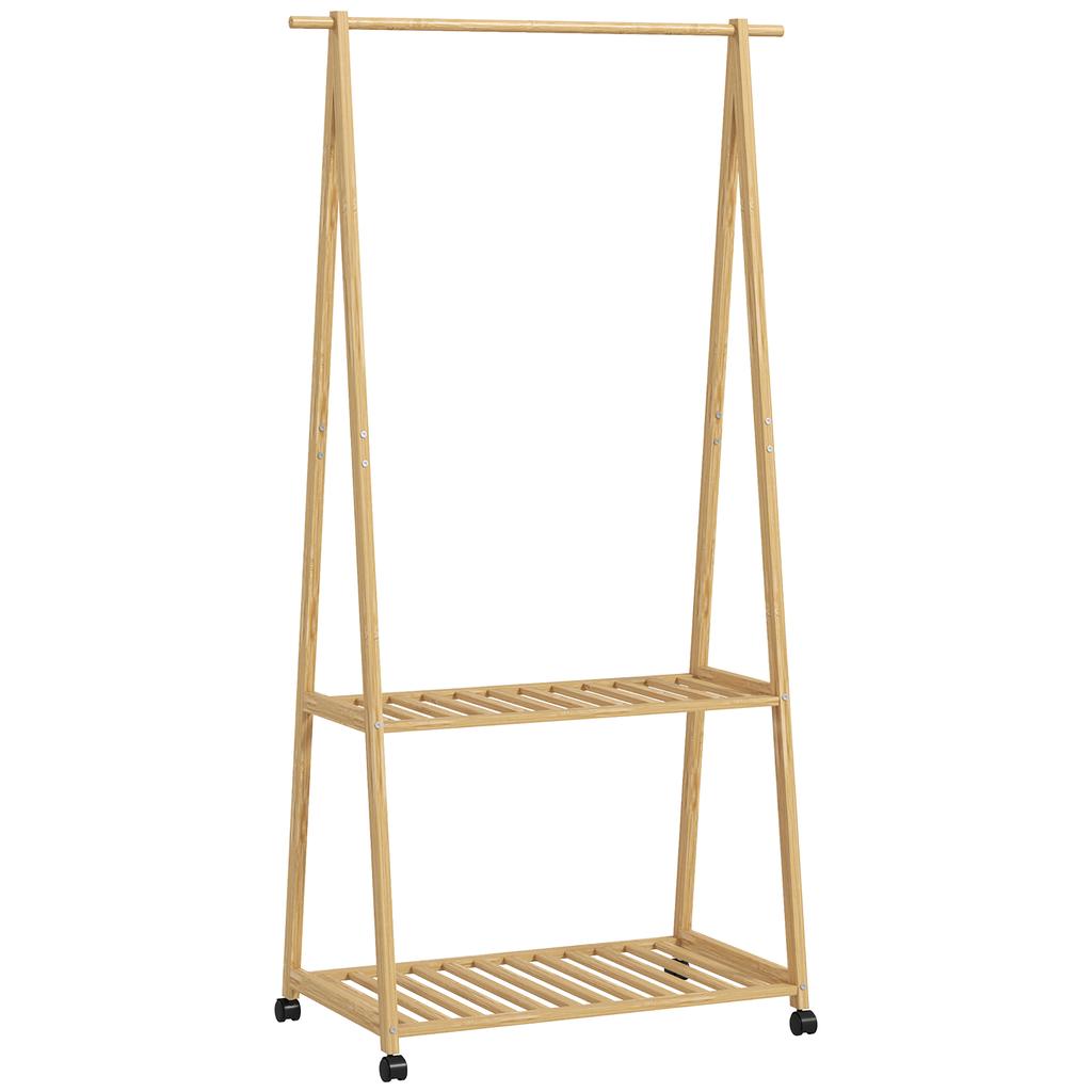 Bamboo Coat Rack with Shoe Shelf and 2 Hooks, Mobile, Natural