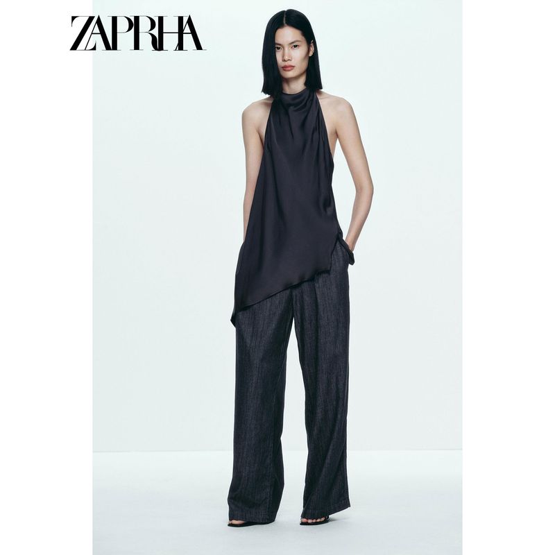 Zaprha 2025 Summer New Arrival Asymmetric Silk Satin Texture Sleeveless Hanging Collar Tops Fancy 2754100