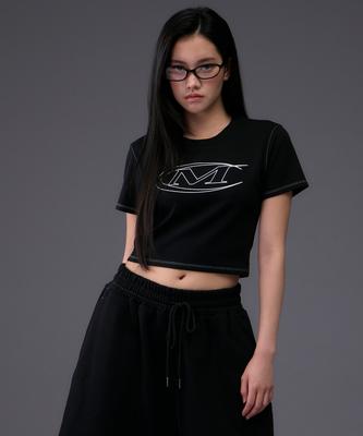 Mihag Stroke Logo Stitch Crop T-Shirt (Black)