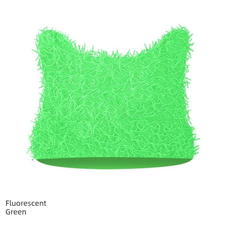 

Winter Outdoors Warm Knitted Hat American Retro Thick Windproof Sleeve Cap Cute Cat Ears Cold Protection Earflaps Fluorescent Green All yards