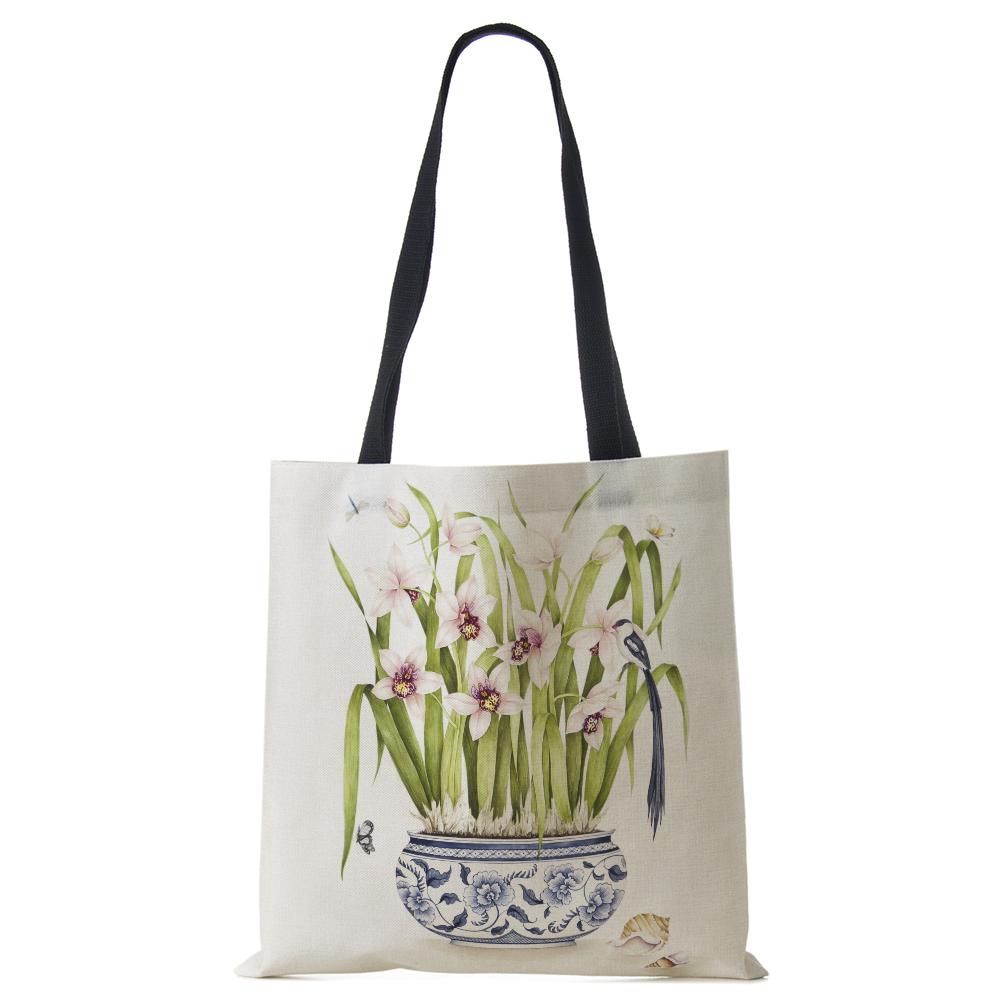 Plant Flowers Shopping Tote Bag Women Canvas Print Shoulder Bag Reusable Harajuku Large Capacity Travel School Handbag CLE