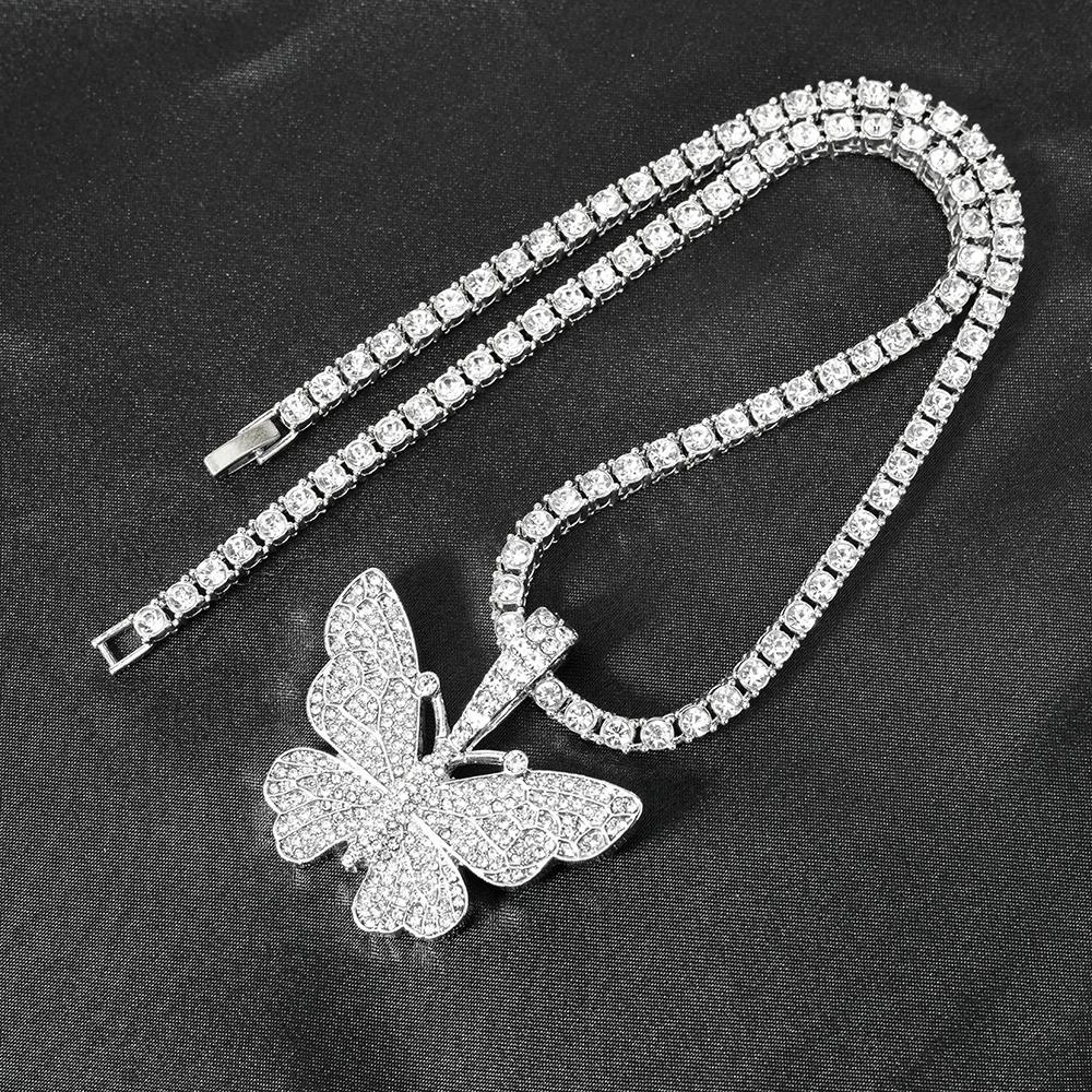 Men Women Hip Hop Iced Out Bling Butterfly Pendant Necklace with 9mm Miami Cuban Chain Hip Hop Necklaces Fashion Charm Jewelry