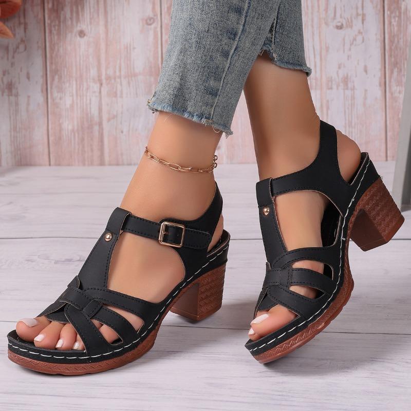 Fashion Women's Summer 2025 New High Heel Sandals Korean Style Fish Mouth Thick Heel Buckle Strap Shoes Large Size Women's Sandals