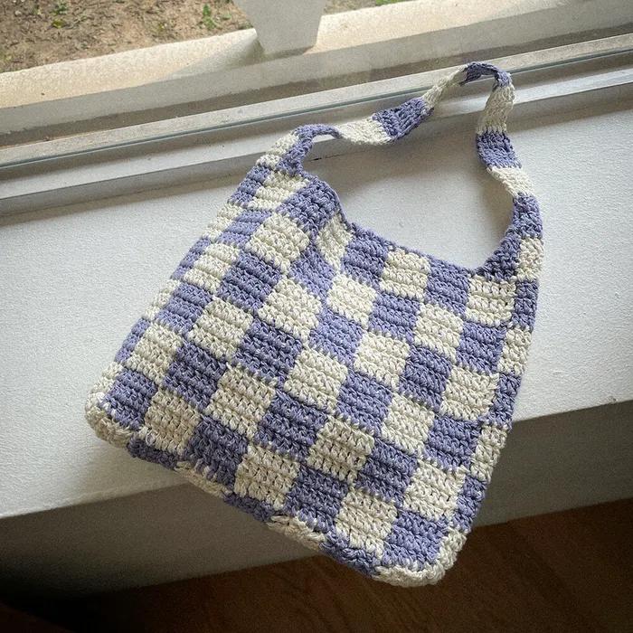 No.04 / Checks Bag _ Purple (Checks Checkerboard Crochet Knit Bag)