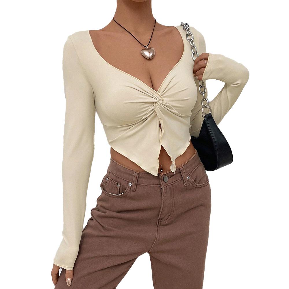 European and American women's clothing autumn and winter new slim-fitting v-neck kinked fashion knitted sweater ultra-short long-sleeved top