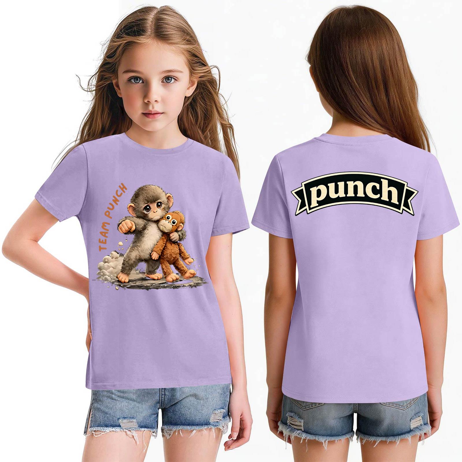 

Girls Crew Neck Casual Short Sleeve T-Shirt with Monkey Print Soft Cotton Fabric Comfortable Fit Lightweight Top for Everyday Wear 150 фиолетовый