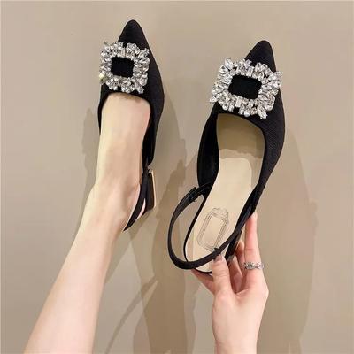 Beige Sandalen met Hak Transparante Schoenen 2024 Dames Zwart Strass Medium Puntig Gesloten Nieuw Lente Gladiator Blok Meisjes