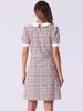 Allegra K Women's Tweed Dress, Peter Pan Collar, Puff Sleeves, A-Line, Mini Dress, Pink, Size L