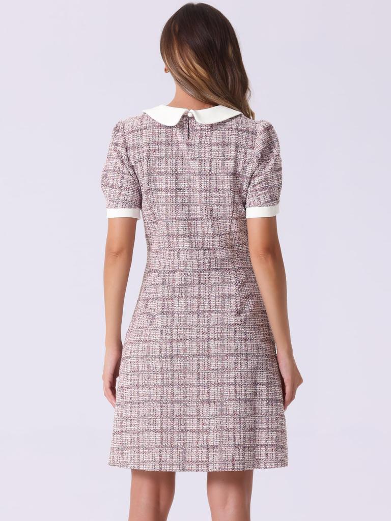 Allegra K Women's Tweed Dress, Peter Pan Collar, Puff Sleeves, A-Line, Mini Dress, Pink, Size L