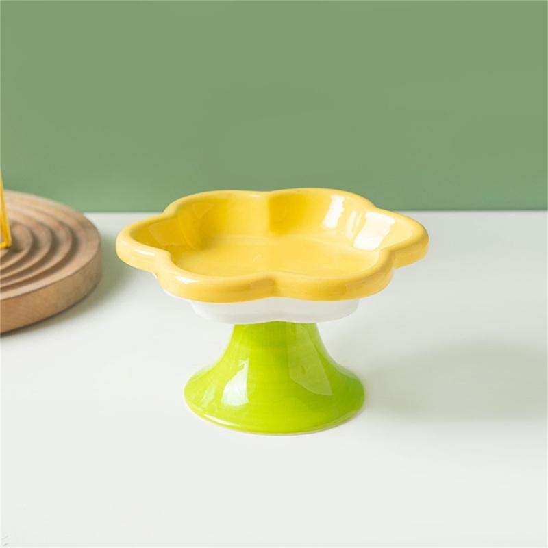 Ceramic Pet Bowl Flower Shape Cats Food Dish Nonslip Elevated Stand Feeding Plate for Neck Protections and Easy Cleaning