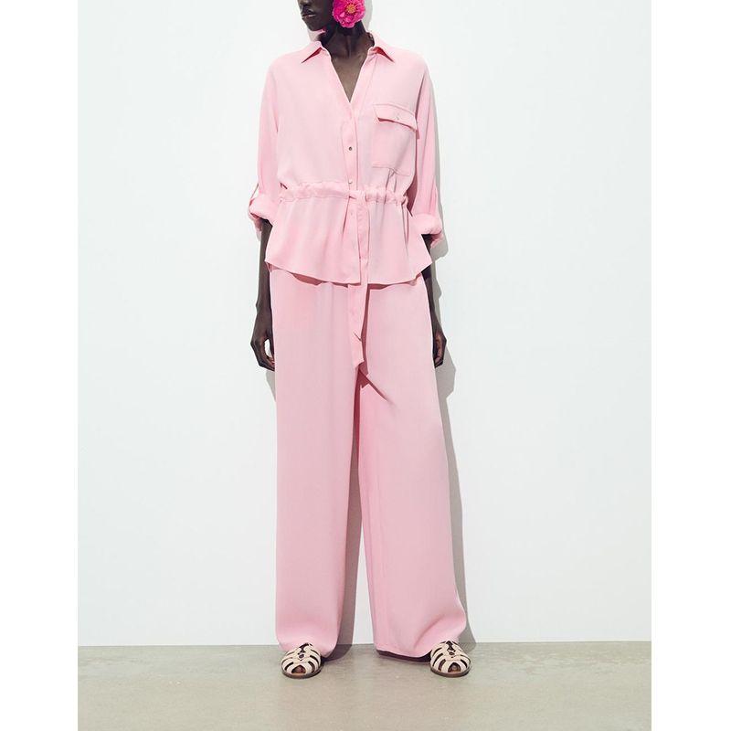 Travel Hunting Crepe Lapel Long Sleeve Shirt 3666102 Crepe Wide Leg Casual Pants 2116572