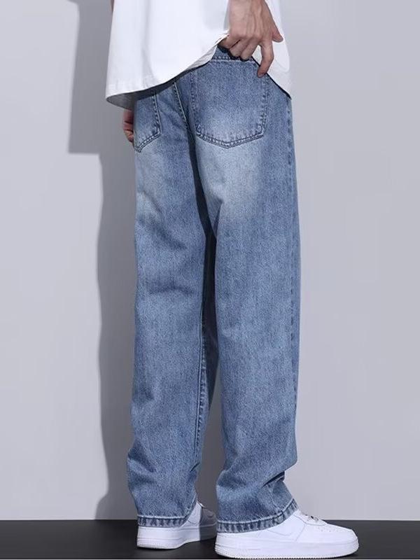 2025 Spring/Autumn Men’s American Retro Wide-Leg Straight Washed Jeans