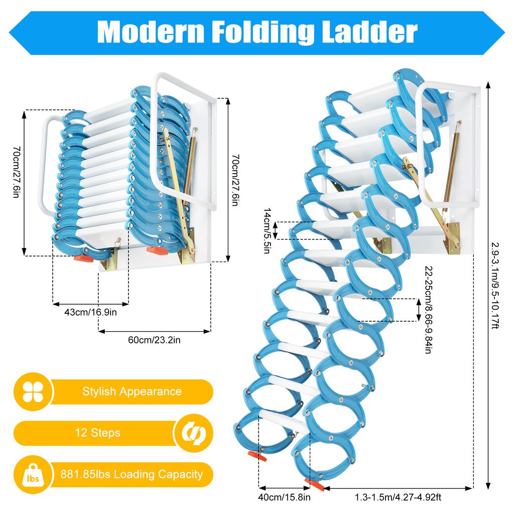 Al-Mg Alloy Folding Attic Ladder 400kg 12 Steps Wall Mounted Space Saving for Loft Garage Storage