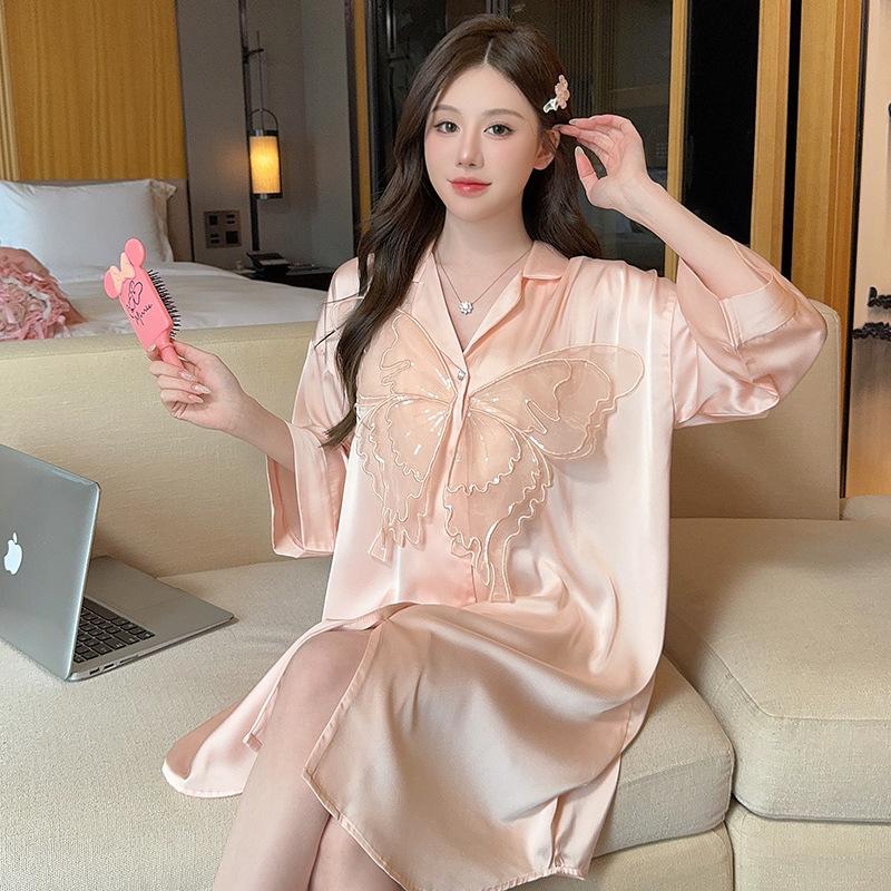 

Ice silk boyfriend style nightgown women s summer thin shirt sexy lapel pure desire style sweet casual home clothes pajamas One size fits all