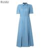 ZANZEA Women Casual Turn Down Collar Short Sleeve Elegant Long Dress