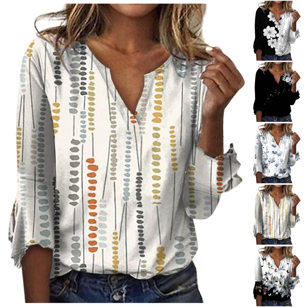 Damenmode V-Ausschnitt Druck 3/4 Ärmel Druck T-Shirt Slim Top Lässige Oberteile